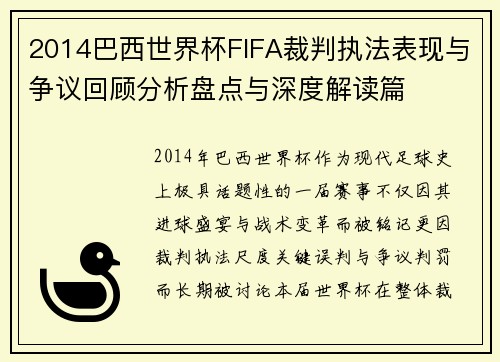 2014巴西世界杯FIFA裁判执法表现与争议回顾分析盘点与深度解读篇